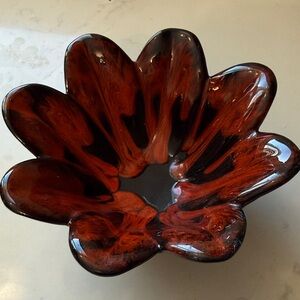 Vintage Evangeline pottery Red flame bowl 6.5” scalloped MCM Canada